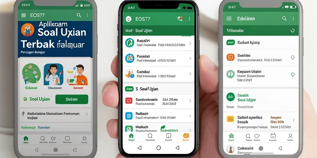 Tampilan utama aplikasi EOS77 dengan soal ujian dan materi belajar.